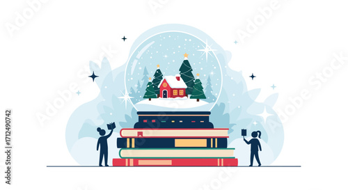 Winter Scene Snow Globe on Stack of Books with People.