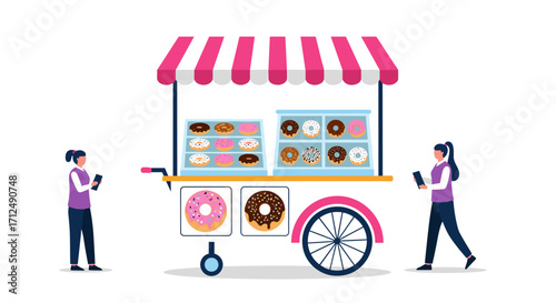 Donut cart with customers illustration.