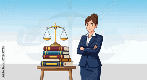 Female Lawyer Standing Confidently Next to Stack of Law Books and Scales of Justice.
