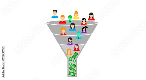 Sales Funnel Concept with People and Money Flowing Through.