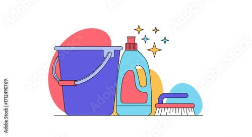 Cleaning supplies bucket bottle and brush illustration.