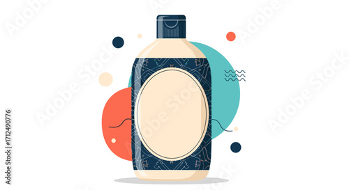 Illustration of a cosmetic bottle with abstract shapes.
