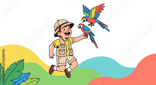 Boy's Adventure: Colorful Parrots Soaring With A Cheerful Explorer Across The Colorful Landscape