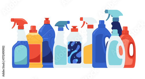 Collection of Cleaning Supplies Bottles and Sprayers.