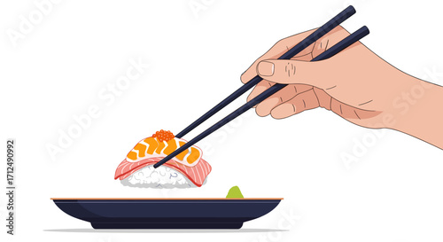 Hand holding sushi with chopsticks over a plate.