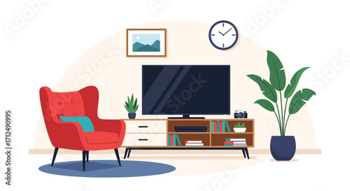 Cozy Living Room Scene with Red Armchair and Television.