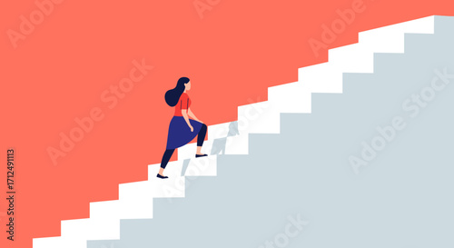 Woman climbing stairs towards success and career growth.