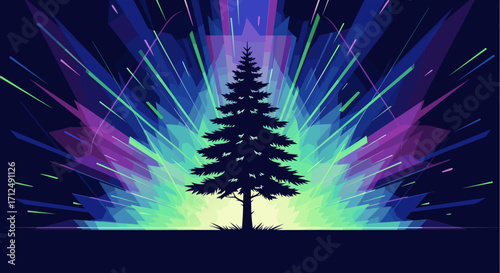 Silhouette of a Christmas tree against a vibrant aurora borealis light show.