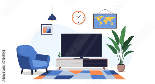 Modern Living Room With Television Armchair and Plant.