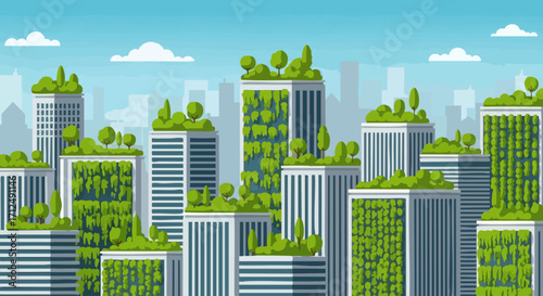 Green Cityscape with EcoFriendly Buildings and Rooftop Gardens.