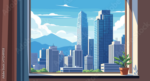 Modern Cityscape View Through Window with Mountains in Background.