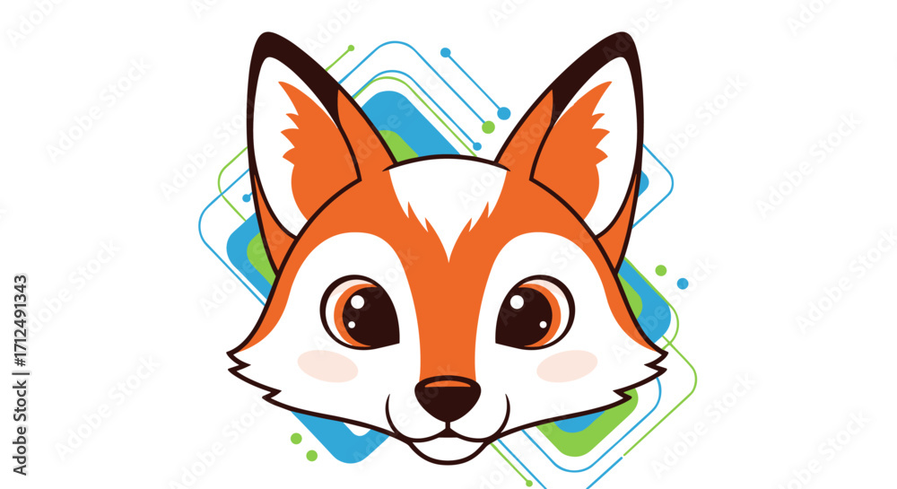 Obraz premium Cute cartoon fox face with big eyes and orange fur.