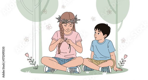 Children Enjoying Nature Under the Trees, Braiding a Flower Crown Together