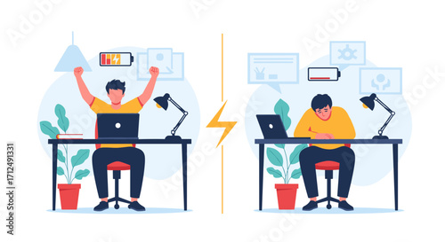 Man with full battery energy and man with low battery energy.