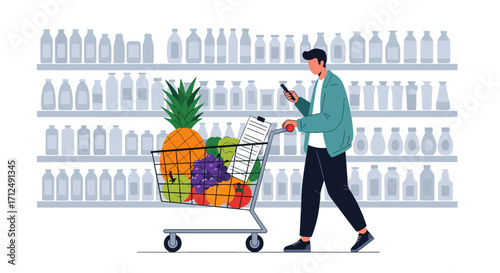 Man Pushing Shopping Cart Full of Groceries in Supermarket.
