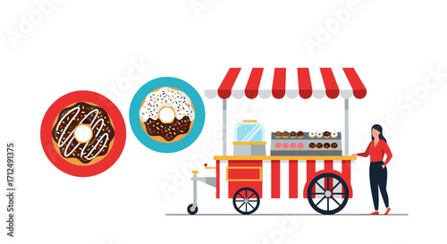 Donut cart with delicious donuts and a vendor.