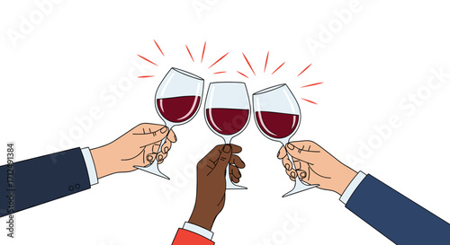 Three diverse hands clinking glasses of red wine in celebration.