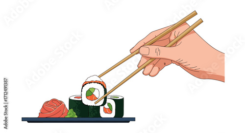 Hand holding chopsticks picking up sushi roll from plate.