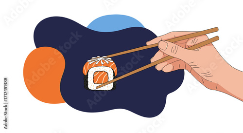 Hand holding sushi roll with chopsticks abstract background.