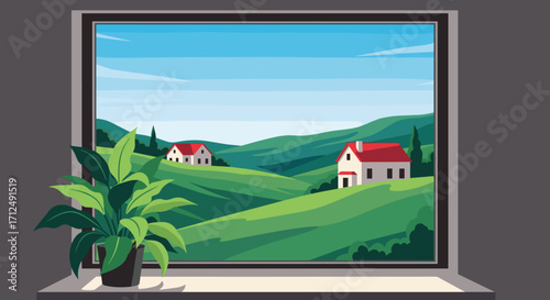 Window View of Rolling Green Hills and Houses.
