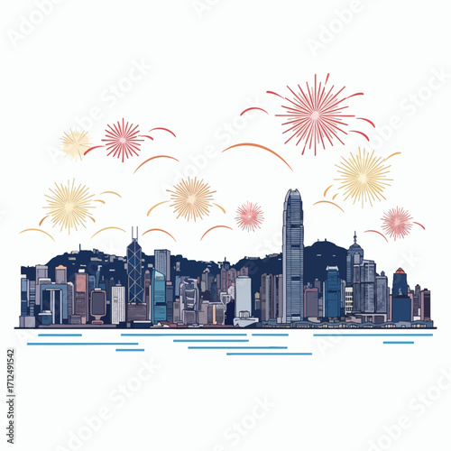 Hong Kong Cityscape with Festive Fireworks Display.