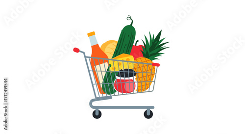 Grocery shopping cart filled with fresh fruits and vegetables.