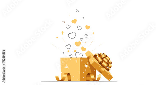 Golden Gift Box Overflowing with Hearts and Confetti.