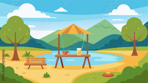A charming picnic area with a wooden swing overlooking the river perfect for sipping lemonade and enjoying the warm breeze.