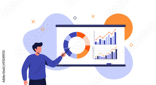 Man Presenting Financial Data on a Whiteboard with Charts and Graphs.