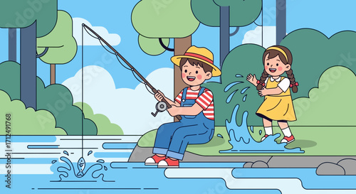Children Enjoying Outdoors, Fishing Adventures Near Serene Waters and Playful Activities