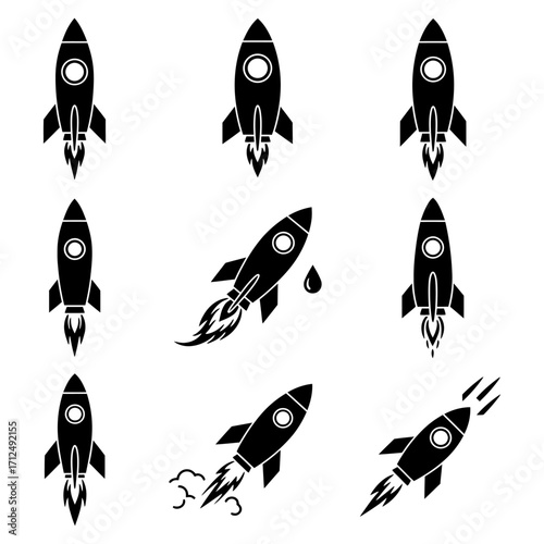 Vector set of space rockets in different positions against a white background, perfect for design projects