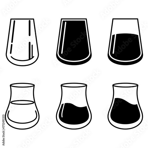 Isolated set of six minimalist beverage glassware vector icons for whiskey or bourbon tasting concept