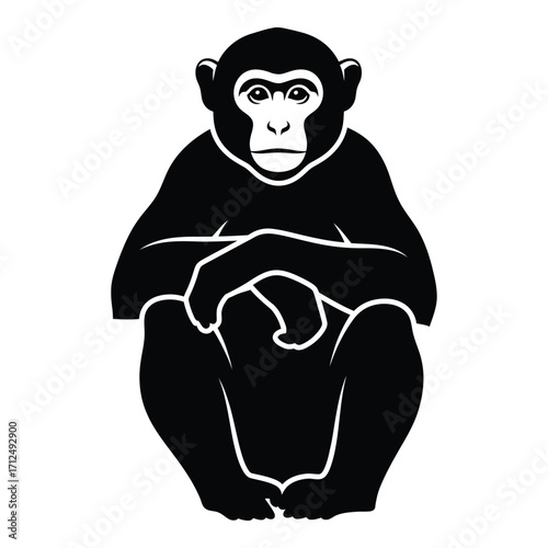 Black silhouette of a sitting chimpanzee monkey with detailed face and arms crossed silhouette