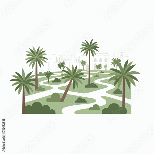 Palm trees in a city park with winding paths.