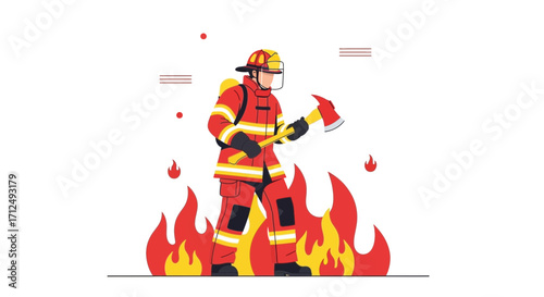 Brave Firefigher Holding Axe Amidst Flames: An Illustration of Courage and Safety