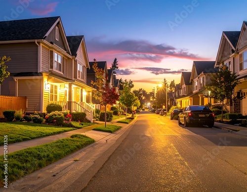 Quiet residential street at twilight