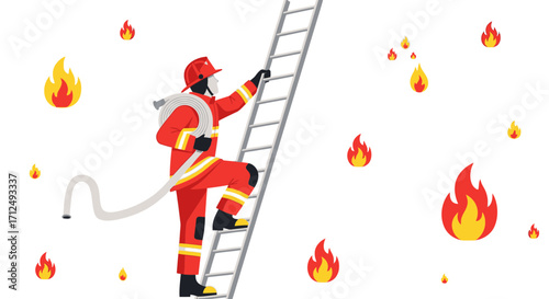 Brave Firefighter Ascends Ladder Amidst Flames Rescuing Those in Danger