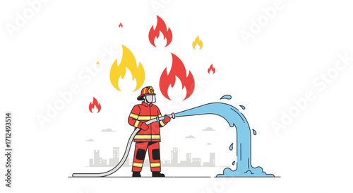 Brave Firefighter Extinguishes Flames with Hose, Protecting City from Dangerous Fires