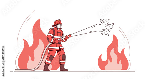 Brave Firefighter Fighting Flames With Intense Water Spray Against Destructive Fire
