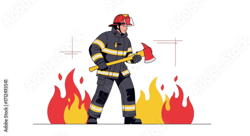 Brave Firefighter Facing Blaze With Axe Ready for Action and Heroic Rescue Mission