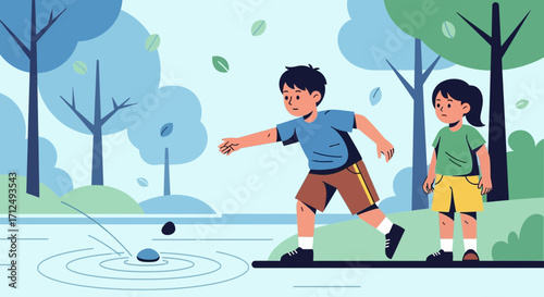 Children Enjoying Time Outdoors, Skipping Stones Across a Peaceful Waterscape Together