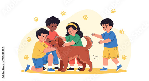 Children Experiencing Joy While Interacting And Playing With A Friendly Dog