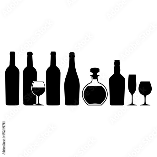 Vector collection of black silhouette shapes of different wine and spirits bottles and drinking glasses
