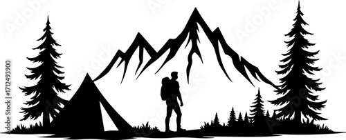 Camping and Hiking Silhouette – Explorer with Tent and Mountain Vector