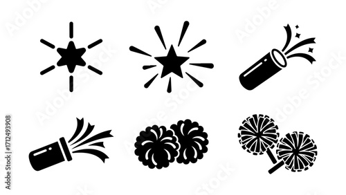 Celebration Icons Set with Starburst, Pom-poms, and Confetti Poppers