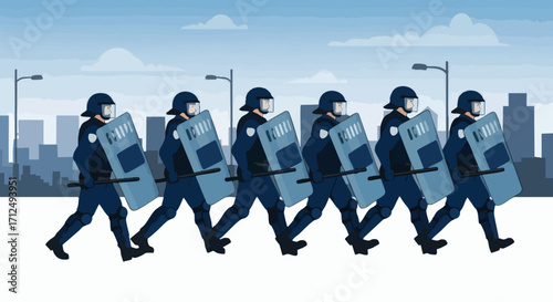Riot Police Officers Marching in Formation with Shields in Urban Setting.
