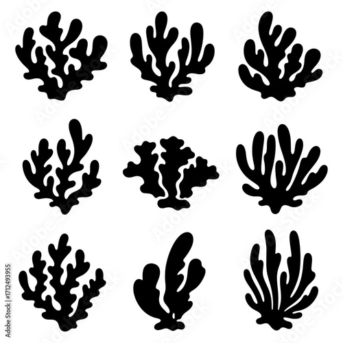 Monochrome Illustrations of Various Coral Silhouettes in Black and White, Perfect for Aquatic Design Projects
