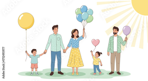 Bright Family Enjoying Happiness Together Holding Colorful Balloons Under The Sun