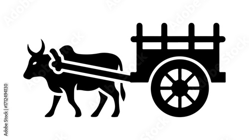 Silhouette Illustration of Ox Cart on White Background
