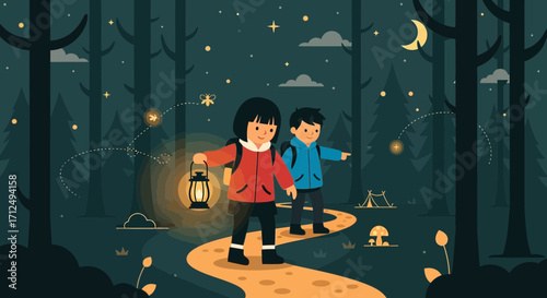 Children Exploring A Forest Path Illuminated By Lanterns And The Night Sky